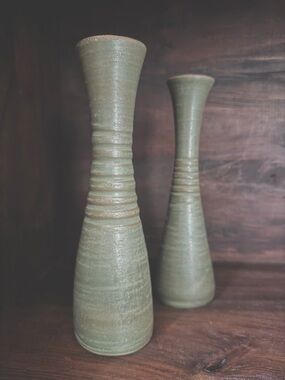 Vintage Studio Pottery Vase Set Olive Green Wabi Sabi Ceramic Pair
